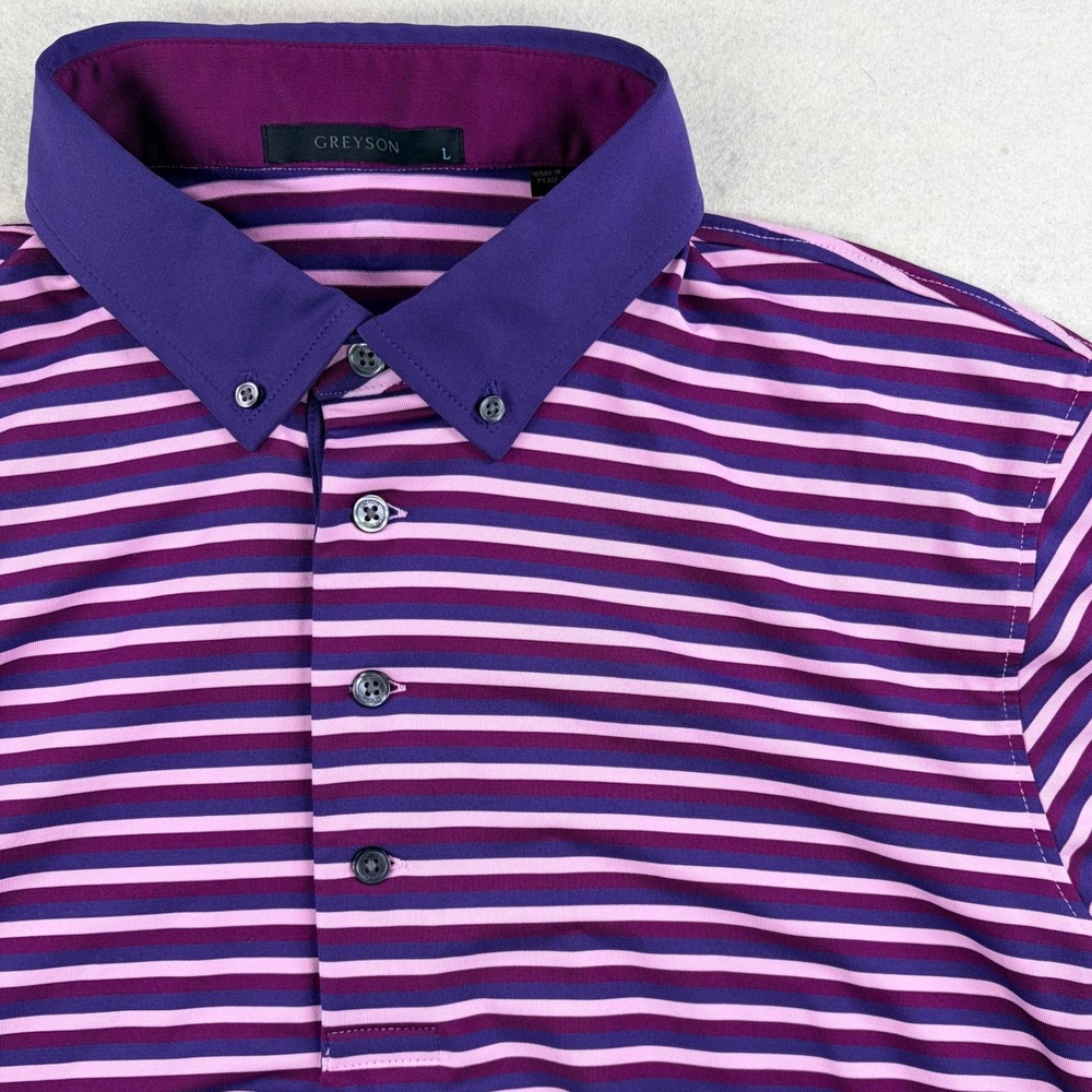 Greyson Mens Large Purple Pink Striped Short Sleeve Golf Polo Shirt Stretch